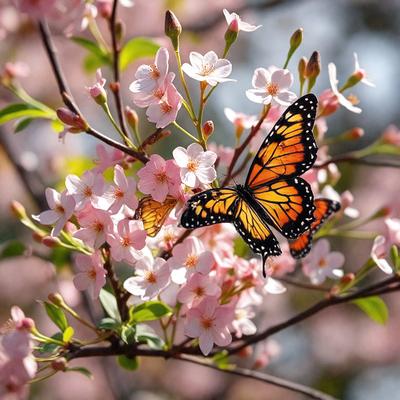 The primary subject of the image is a butterfly perched on a branch of a tree. The setting is a natural environment, with the tree and flowers in the background. The visual style is a photo, capturing the beauty of the butterfly in its natural habitat. The colors and mood of the image are vibrant and lively, with the butterfly's bright orange and yellow colors contrasting against the pink flowers.